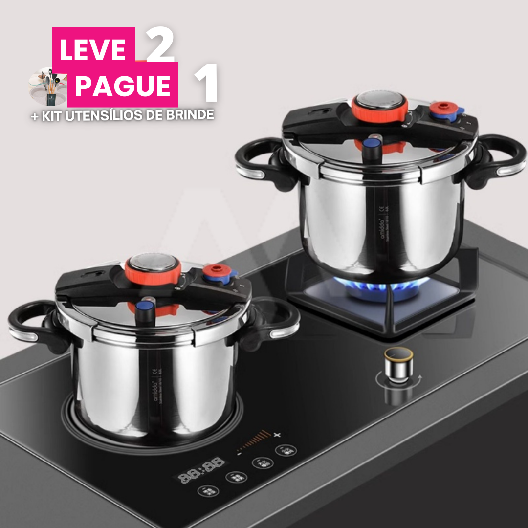 [COMPRE 1 LEVE 2] Panela de Pressão TurboChef Aço Inoxidável - À Prova De Explosões + BRINDE: Kit Utensílios